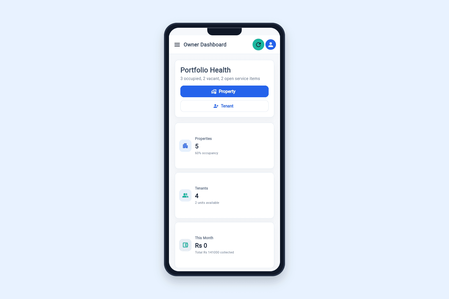 Rental Management System App management / dashboard starting design preview